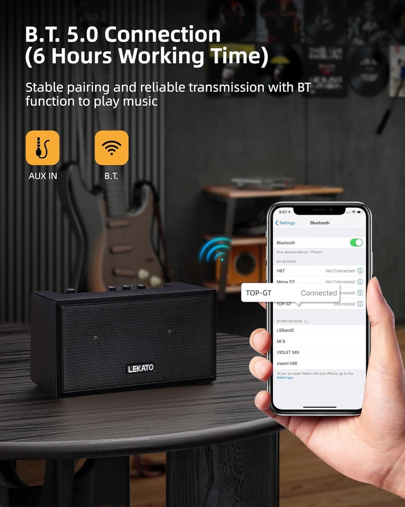 LEKATO Guitar Amplifier with Clean Overdrive Effects 5W Rchargeable Electric Guitar Amp Small Bass Amplifier Bluetooth Bass Amplifier for Daily Practice - Image 4